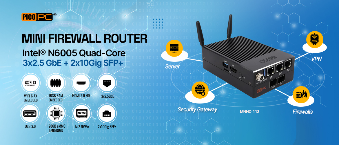 PICOPC® Firewall Router Intel N6005 16GB/128GB 3x2.5GbE WiFi6 Dual Intel® 10Gig SFP+ Fiber